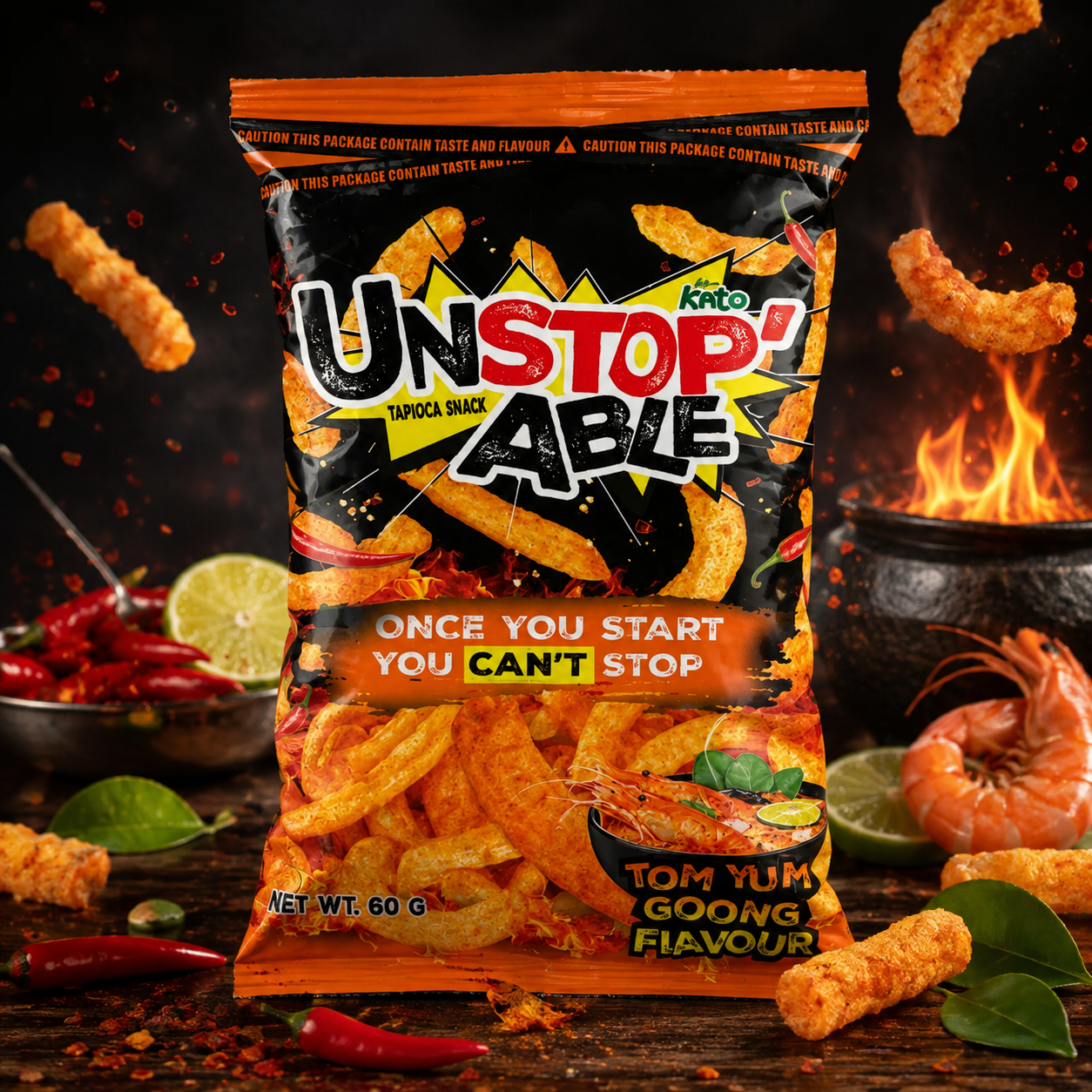 Kato Unstopable Tom Yum Tapioca Snack 60g THA Tom Yum Ízű Tápiókás Snack