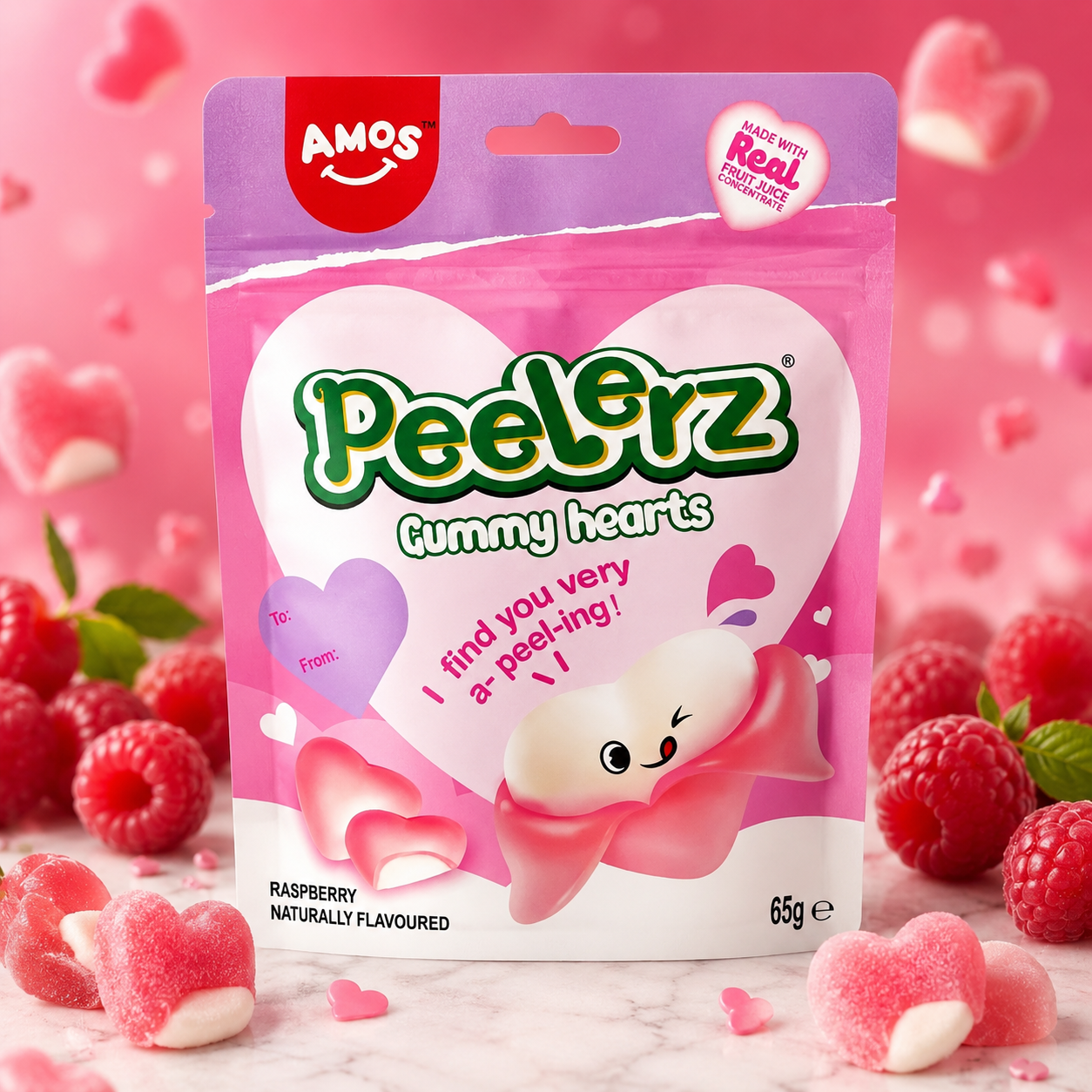 Amos Raspberry Heart Shaped Peelable Gummy 65g CHN Málnás Szív Alakú Hámozható Gumicukor